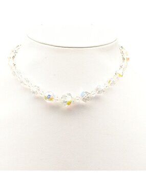 Vintage Aurora Borealis Crystal Beaded Choker Necklace with Adjustable Hook Clos